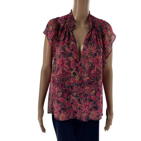 A.L.C. Hayley Pink Floral Metallic Short Flutter Sleeve Silk Top - Picture 4 of 12